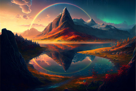 Amazing landscapes view of mountain with rainbow on sunrise. 2D Illustration (Created with Generative AI technology).の写真素材