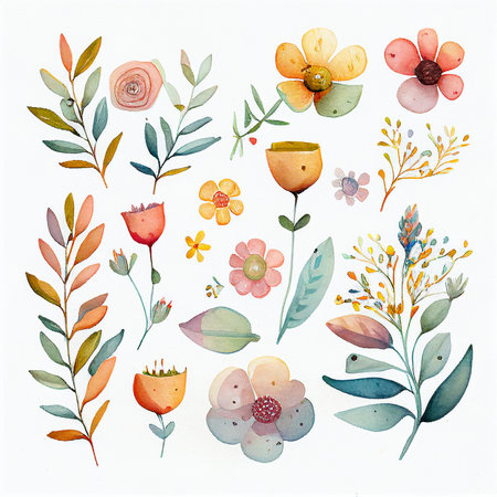 Set flowers and leave painting watercolor floral illustration created with Generative AI technology.の写真素材