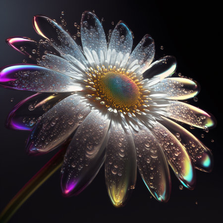 Beautiful flower daisy and water drop on black background (Created with Generative AI technology).の写真素材