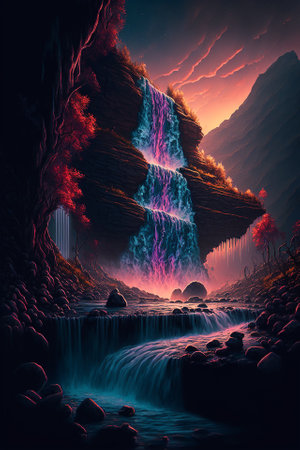 Beautiful wild nature landscape with waterfall and river from high mountains. Created with Generative AI technology.の写真素材