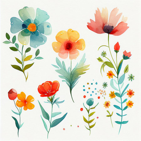 Set flowers and leave painting watercolor floral illustration created with Generative AI technology.の写真素材
