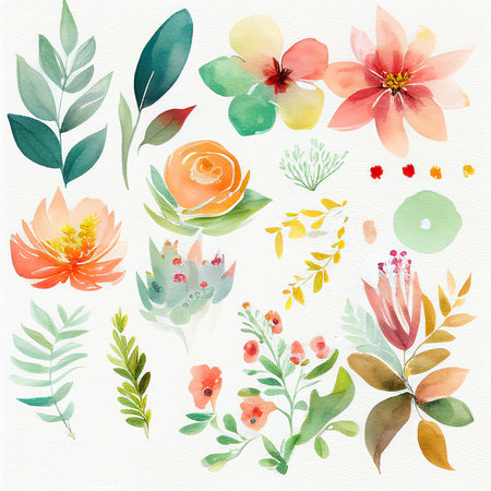 Set flowers and leave painting watercolor floral illustration created with Generative AI technology.の写真素材