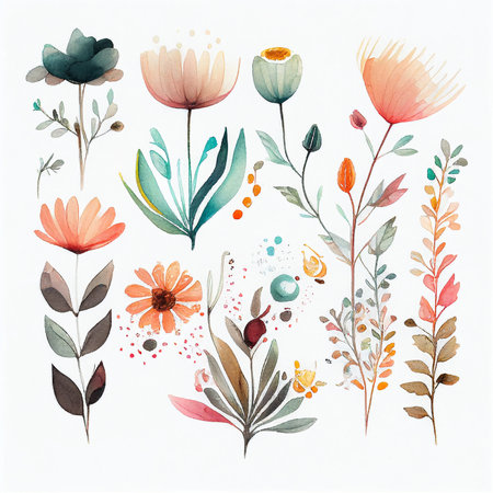 Set flowers and leave painting watercolor floral illustration created with Generative AI technology.の写真素材