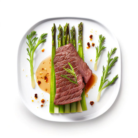 Grilled beef steaks medium rare with spices on white dish (Created with Generative AI technology).の写真素材
