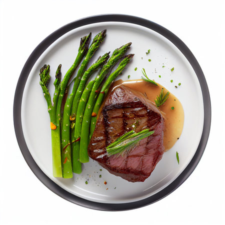 Grilled beef steaks medium rare with spices on white dish (Created with Generative AI technology).の写真素材