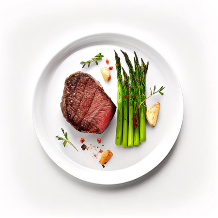 Grilled beef steaks medium rare with spices on white dish (Created with Generative AI technology).の写真素材