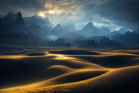 Amazing landscapes view of mountain with gold hour sunrise(Created with Generative AI technology).の写真素材