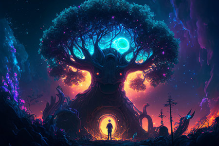 Fantasy of neon forest glowing colorful like fairytale. (Created with Generative AI technology).