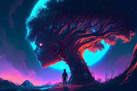 Fantasy of neon forest glowing colorful like fairytale. (Created with Generative AI technology).
