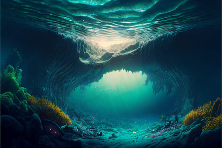 Underwater world scene. Coral reef and sun ray shining through clean ocean water. (Created with Generative AI technology)の写真素材