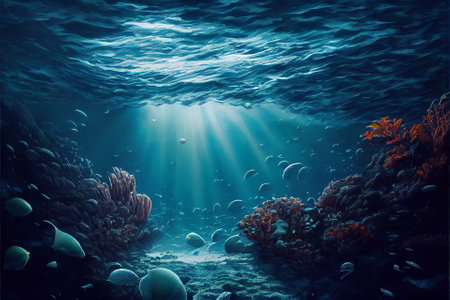 Underwater world scene. Coral reef and sun ray shining through clean ocean water. (Created with Generative AI technology)の写真素材