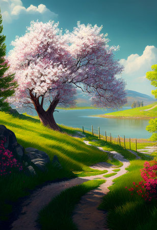 Illustration landscape of countryside river and blossom tree(Created with Generative AI technology).の写真素材