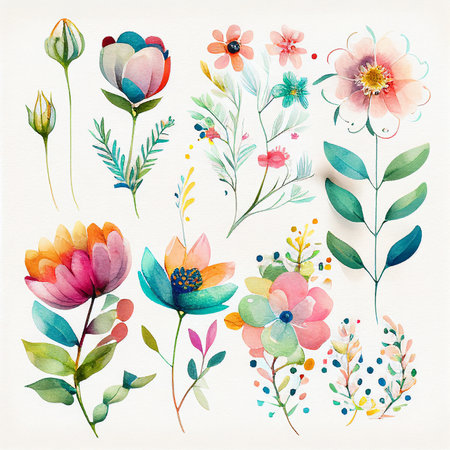 Set flowers and leave painting watercolor floral illustration created with Generative AI technology.の写真素材