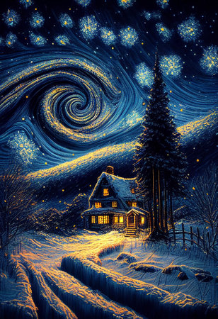 Illustration oil paint house and snow on starry sky winter (Created with Generative AI technology).の写真素材