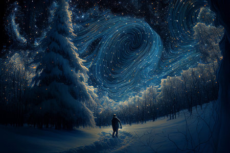 Illustration oil paint house and snow on starry sky winter (Created with Generative AI technology).