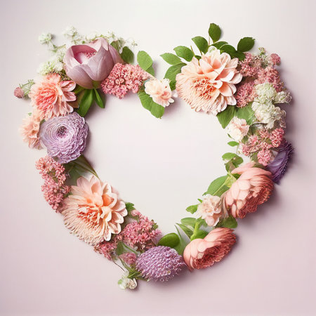 Beautiful flower Garland in heart shape on pastel background(Created with Generative AI technology).の写真素材