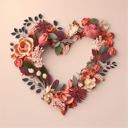 Beautiful flower Garland in heart shape on pastel background(Created with Generative AI technology).の写真素材