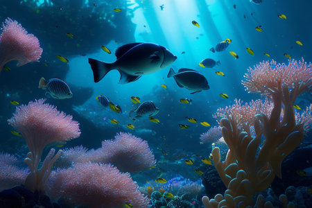 Colorful coral reef and fish. Clean underwater world scene. (Created with Generative AI technology)の写真素材