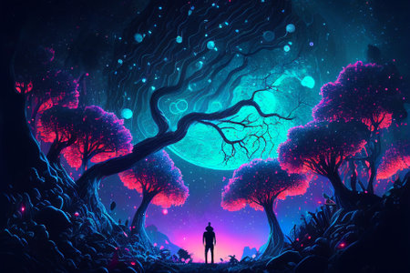 Fantasy of neon forest glowing colorful like fairytale. (Created with Generative AI technology).の写真素材