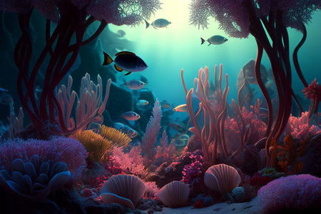 Colorful coral reef and fish. Clean underwater world scene. (Created with Generative AI technology)の写真素材