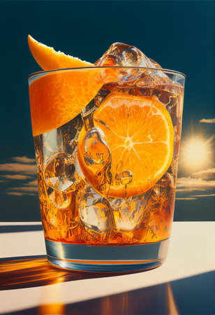 Glass of cold freshly orange juice and ice cubes for healthy Created with Generative AI technology.の写真素材