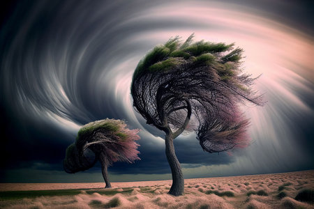 Big storm blowing big tree in arid desert on drought weather Created with Generative AI technology.