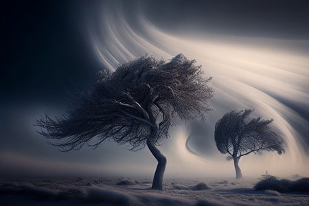 Big storm blowing big tree in arid desert on drought weather Created with Generative AI technology.