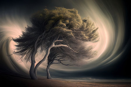 Big storm blowing big tree in arid desert on drought weather Created with Generative AI technology.の写真素材