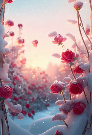 Red roses draped with frost snow Valentine's day background Created with Generative AI technology.の写真素材
