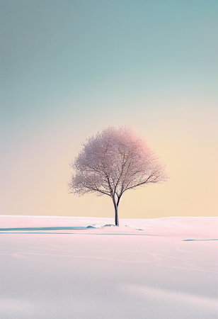 Superb minimalism tree on landscape winter in pastel color Created with Generative AI technology.の写真素材