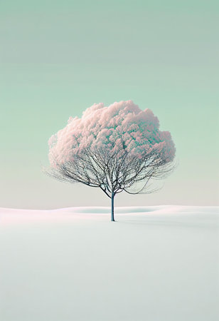 Superb minimalism tree on landscape winter in pastel color Created with Generative AI technology.
