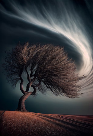 Big storm blowing big tree in arid desert on drought weather Created with Generative AI technology.の写真素材
