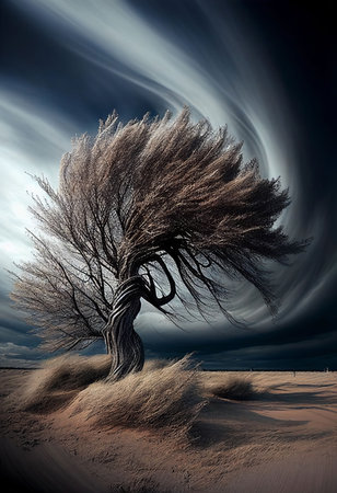 Big storm blowing big tree in arid desert on drought weather Created with Generative AI technology.