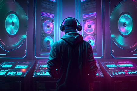 DJ player audio mixing electronic music in a nightclub party Created with Generative AI technology.の写真素材