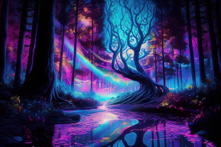 Fantasy of neon light forest glowing colorful like fairytale Created with Generative AI technology.の写真素材