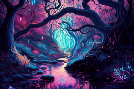 Fantasy of neon light forest glowing colorful like fairytale Created with Generative AI technology.の写真素材