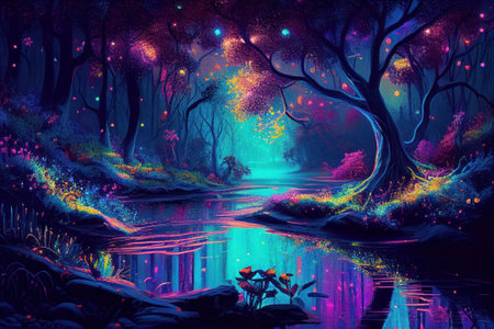 Fantasy of neon light forest glowing colorful like fairytale Created with Generative AI technology.の写真素材