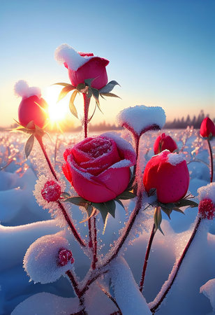Red roses draped with frost snow Valentine's day background Created with Generative AI technology.の写真素材