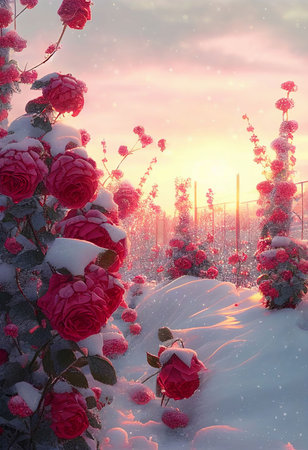 Red roses draped with frost snow Valentine's day background Created with Generative AI technology.の写真素材