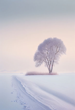 Superb minimalism tree on landscape winter in pastel color Created with Generative AI technology.の写真素材