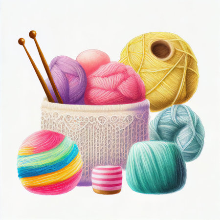 Flat lay yarn and accessories for craft knitting and crochet Created with Generative AI technology.