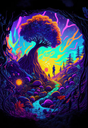 Fantasy of neon forest glowing colorful like fairytale. (Created with Generative AI technology).の写真素材