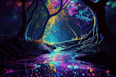 Fantasy of neon light forest glowing colorful like fairytale Created with Generative AI technology.の写真素材