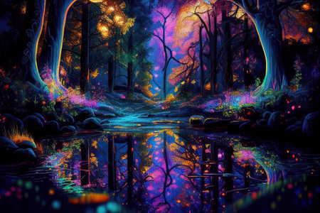 Fantasy of neon light forest glowing colorful like fairytale Created with Generative AI technology.