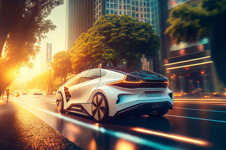 Electric sport car running on the morning road in future city Created with Generative AI technology.の写真素材