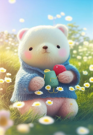 Cute yarn doll teddy bear in field of flower on glowing light Created with Generative AI technology.の写真素材