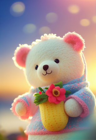 Cute yarn doll teddy bear in field of flower on glowing light Created with Generative AI technology.