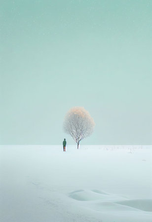 Superb minimalism tree on landscape winter in pastel color Created with Generative AI technology.