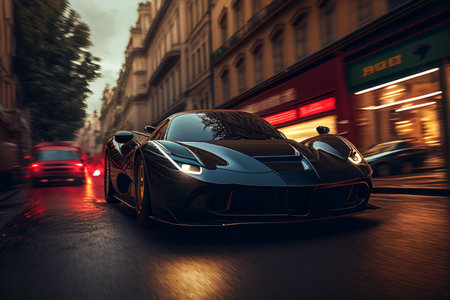 Bangkok, Thailand, 03.04.2023: Super car running in midtown Created with Generative AI technology.の素材