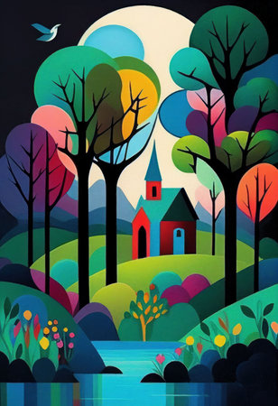 Kid make arts by painting colorful of beautiful house on hill Created with Generative AI technology.の素材